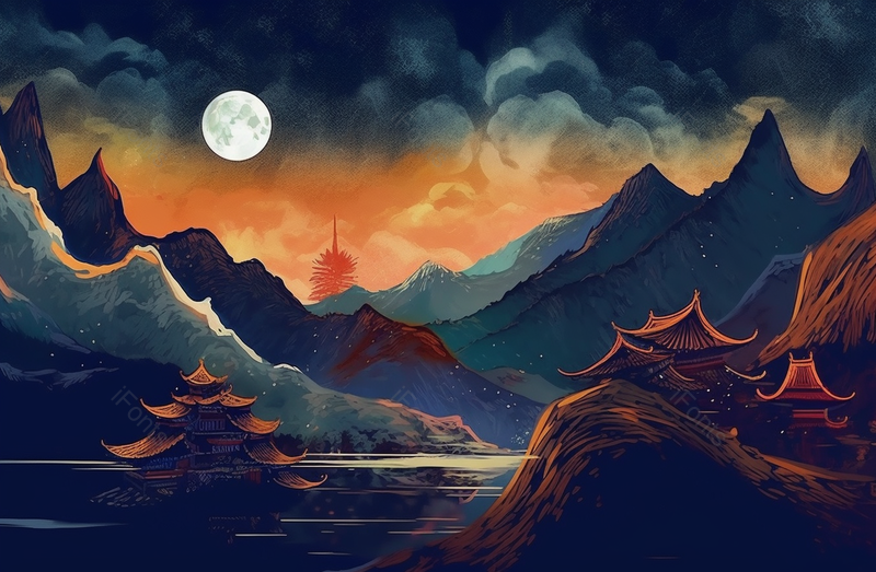 朦胧满月蓝色星空夜晚山川古代建筑国风写意插画,插画/手绘图,插画/手绘图库,插画/手绘图下载,插画/手绘